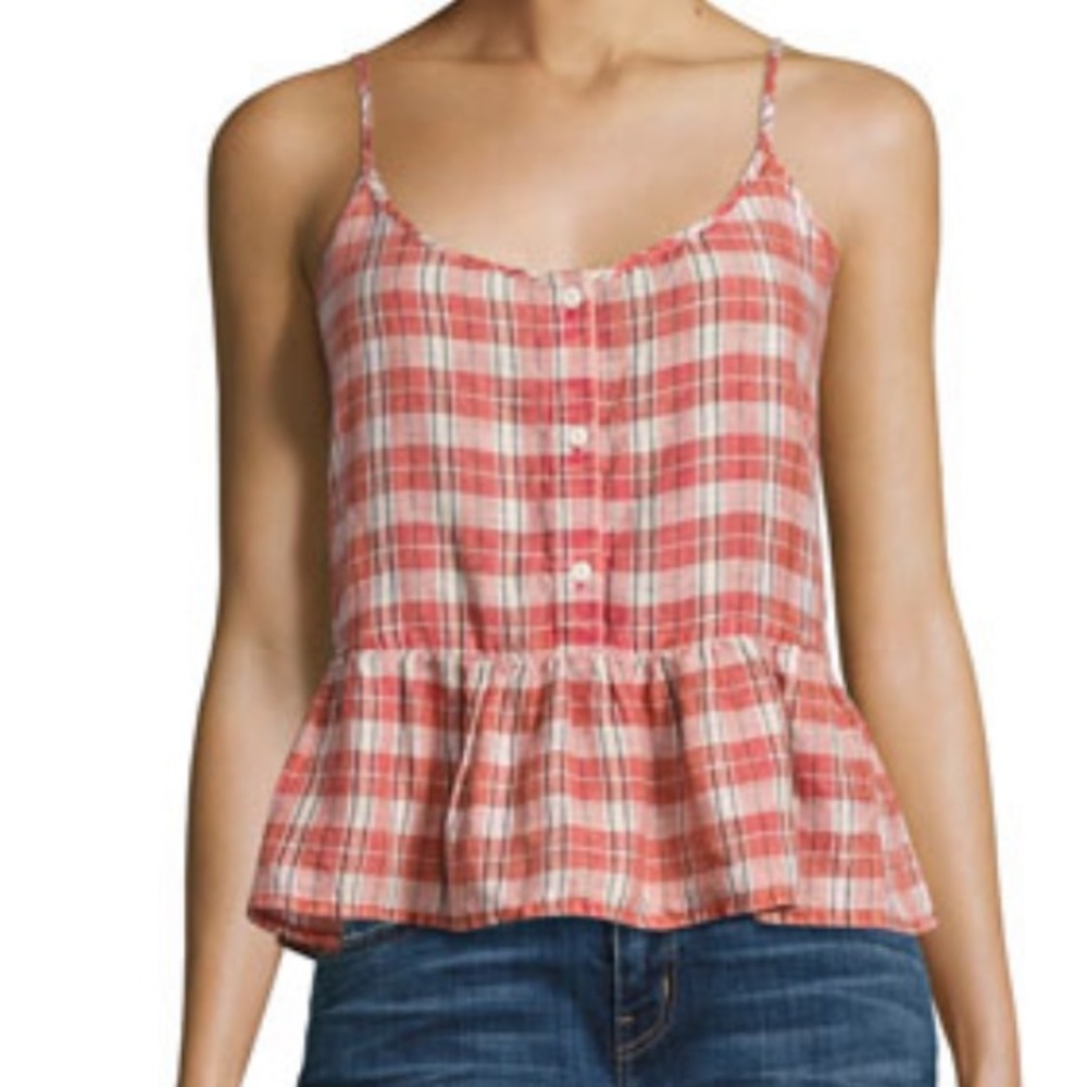 Current/Elliott The Workwear Red Plaid Peplum Button Front Tank Top Sz 2